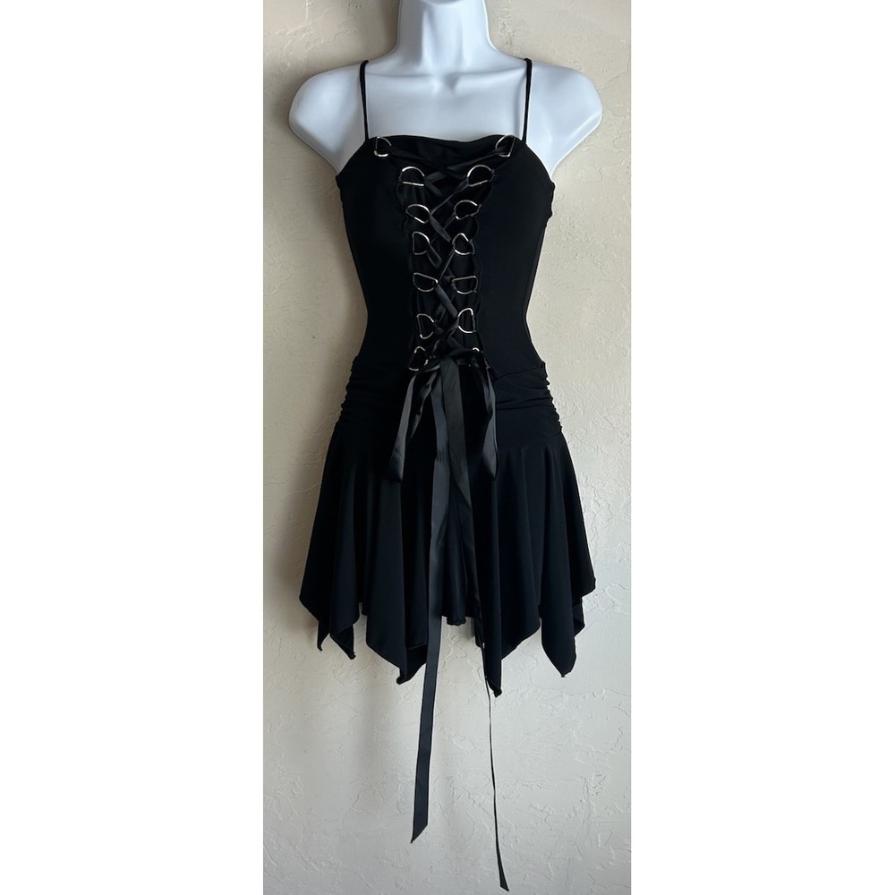 Vintage Y2K Heart Moon Star Black Corset Ruffle Slip Dress XS Goth Party Lace Up